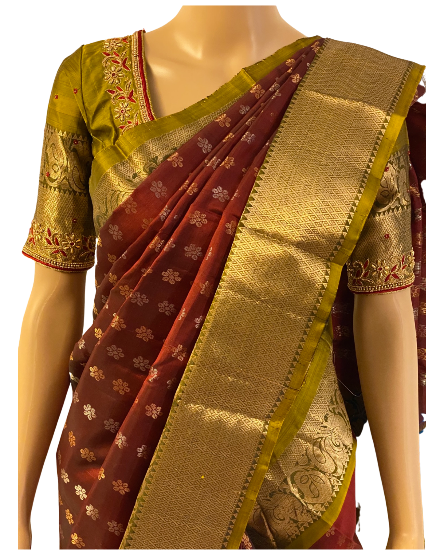 Maroon and Green Pure Handloom Kanchipuram Silk Saree