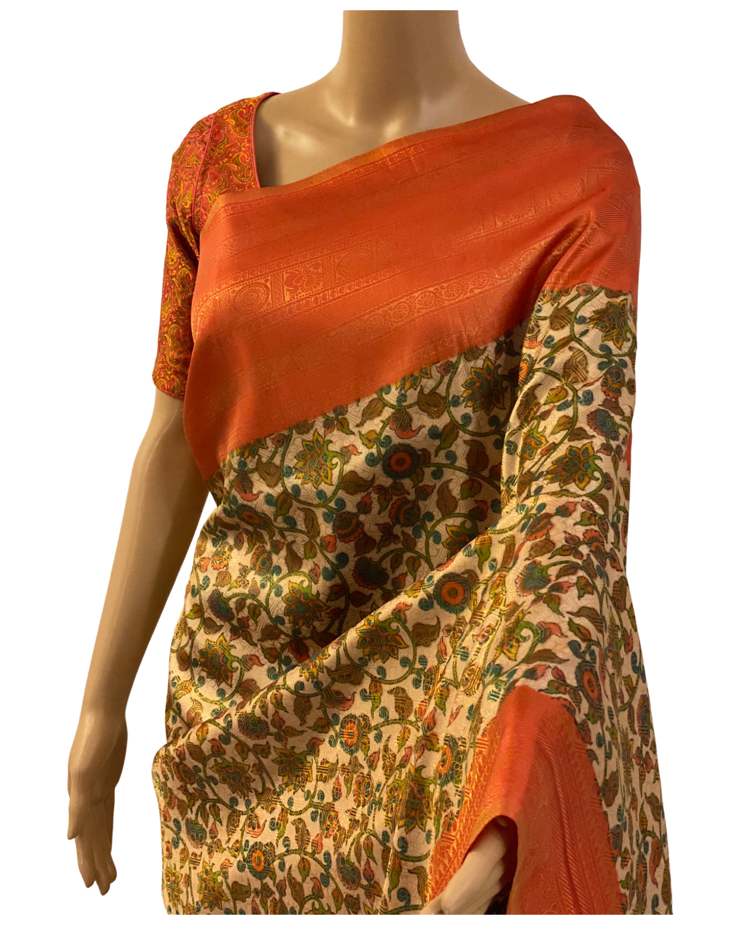 Peach and Green Kalamkari Soft Silk Saree