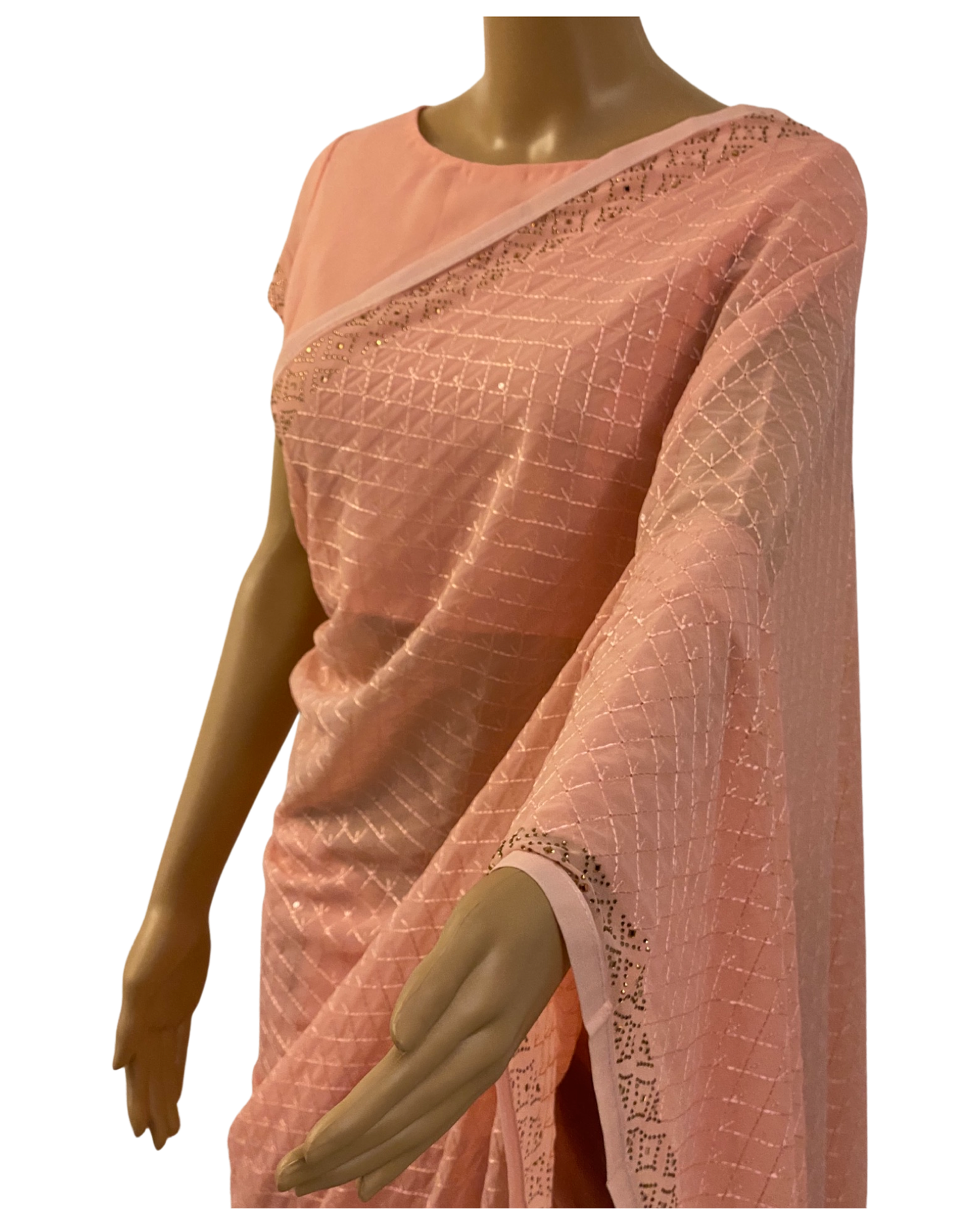 Light Peach Pure Chiffon Work Saree