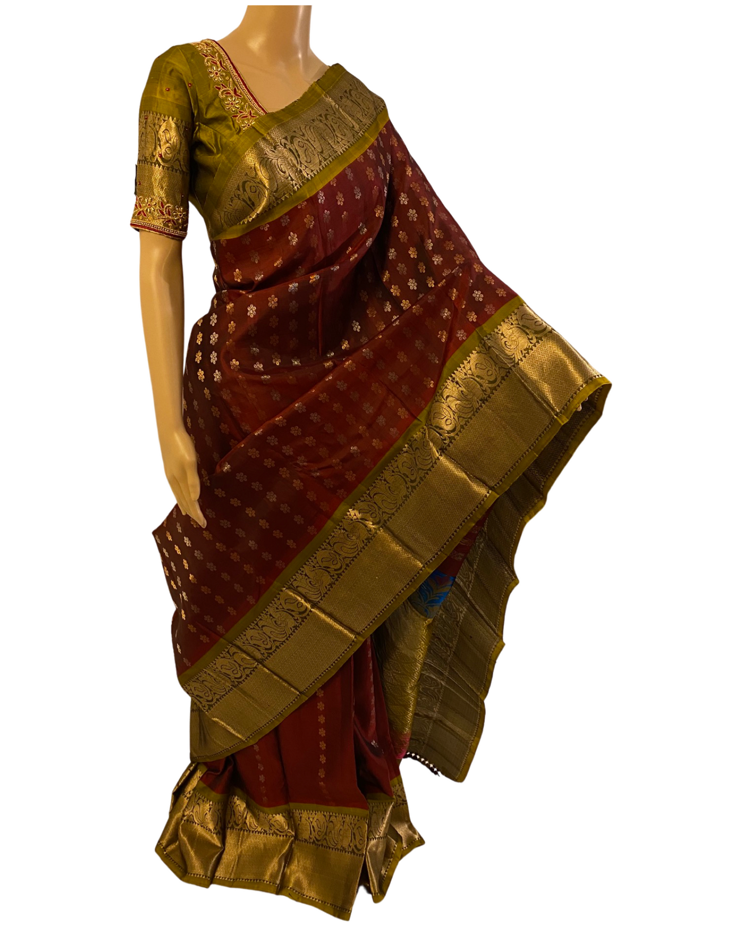 Maroon and Green Pure Handloom Kanchipuram Silk Saree