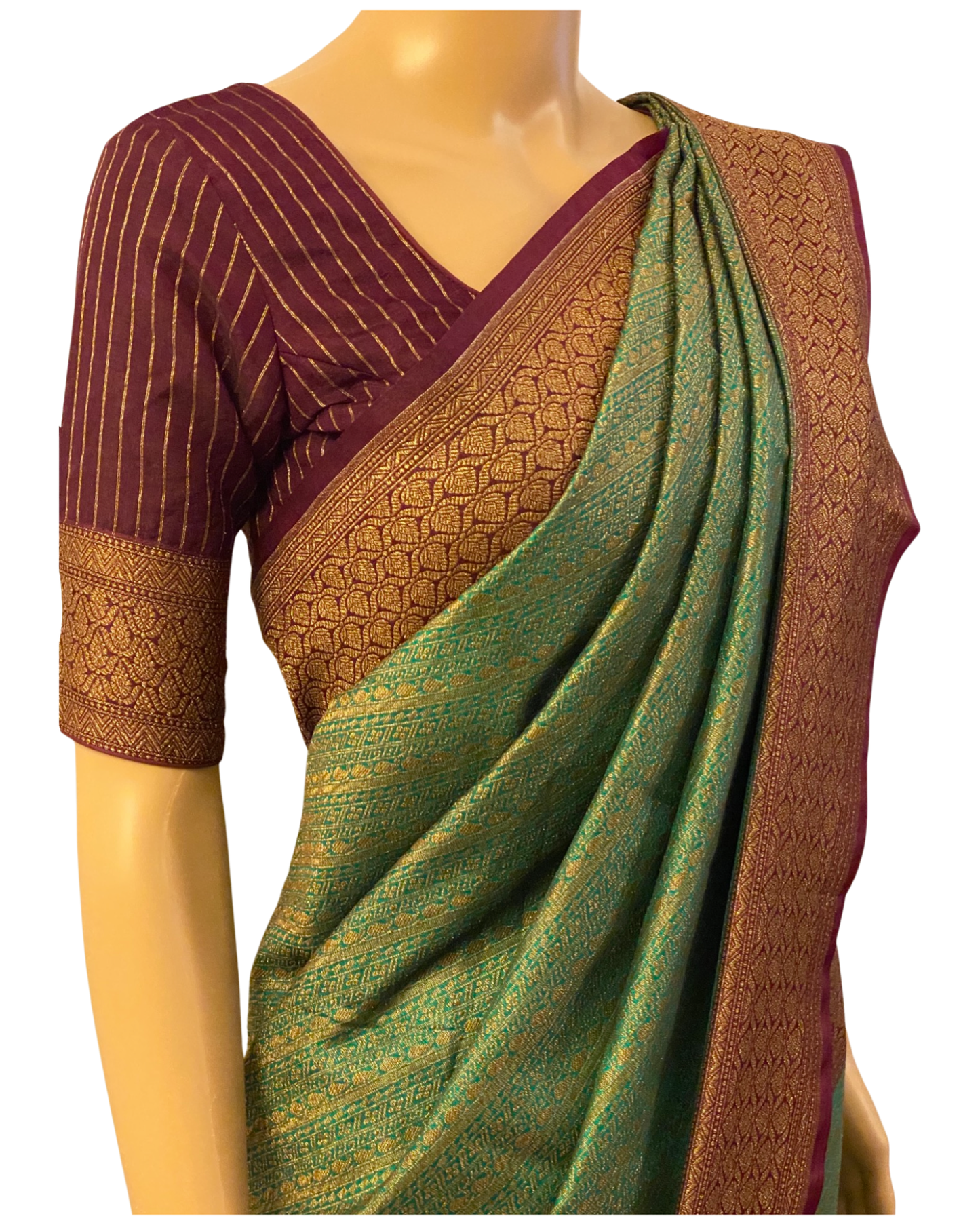 Sea Green with Maroon Katan Banarasi Saree