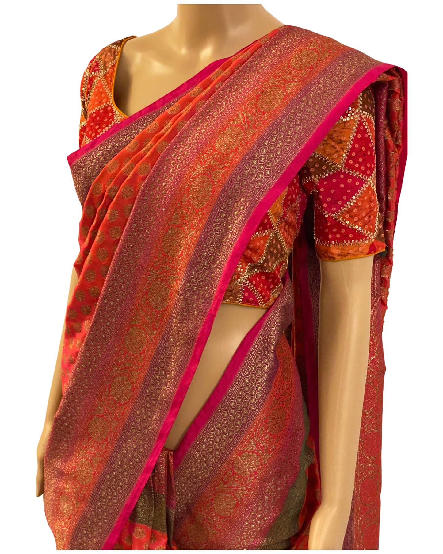 Orange and Pink Handloom Kaddi Banarasi Silk Saree With Designer Blouse