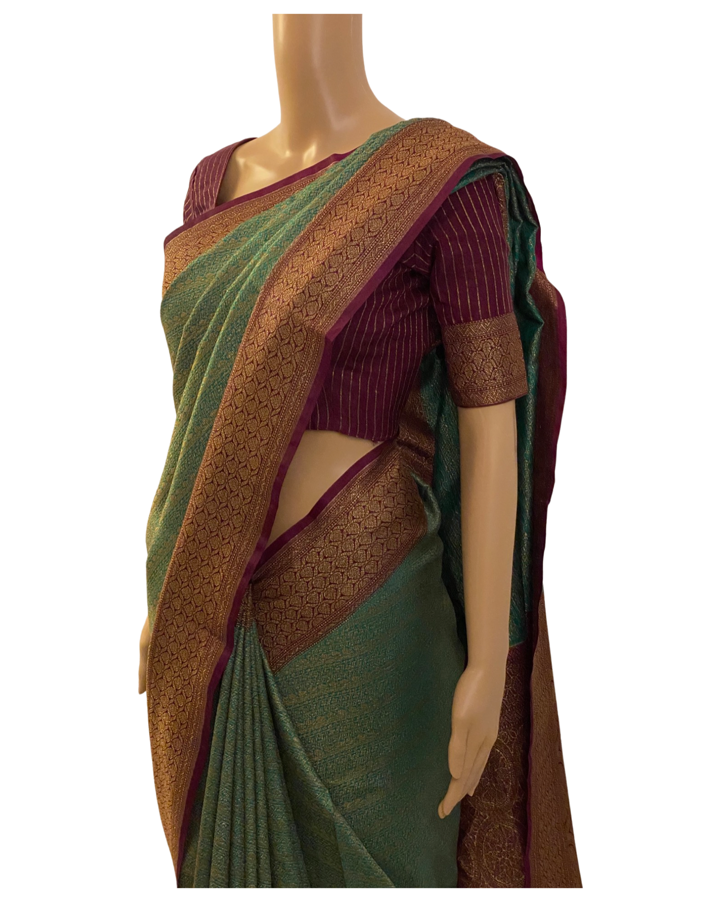 Sea Green with Maroon Katan Banarasi Saree