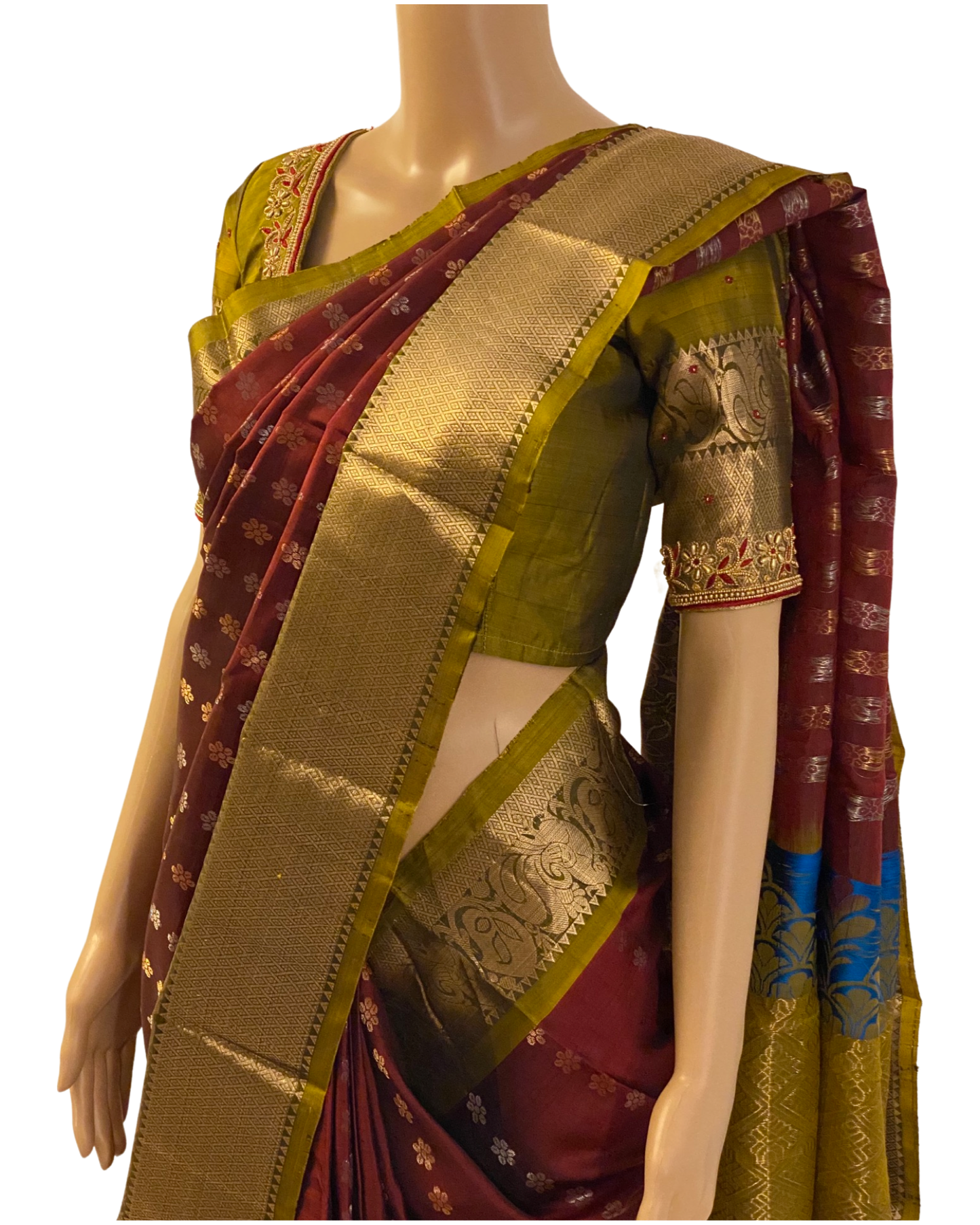 Maroon and Green Pure Handloom Kanchipuram Silk Saree