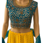 YELLOW LEHENGA WITH BLUE CROP TOP (close up)