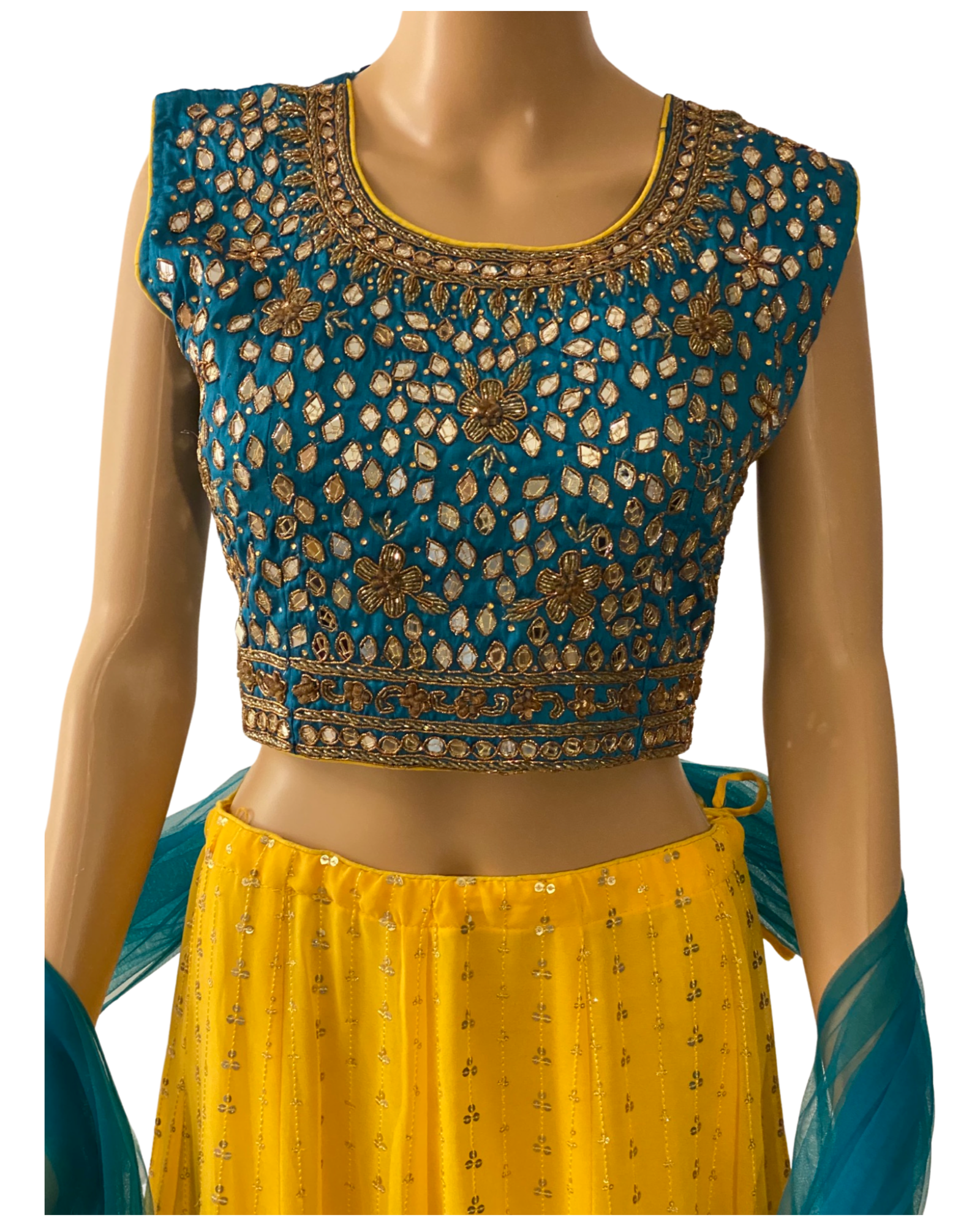 YELLOW LEHENGA WITH BLUE CROP TOP (close up)