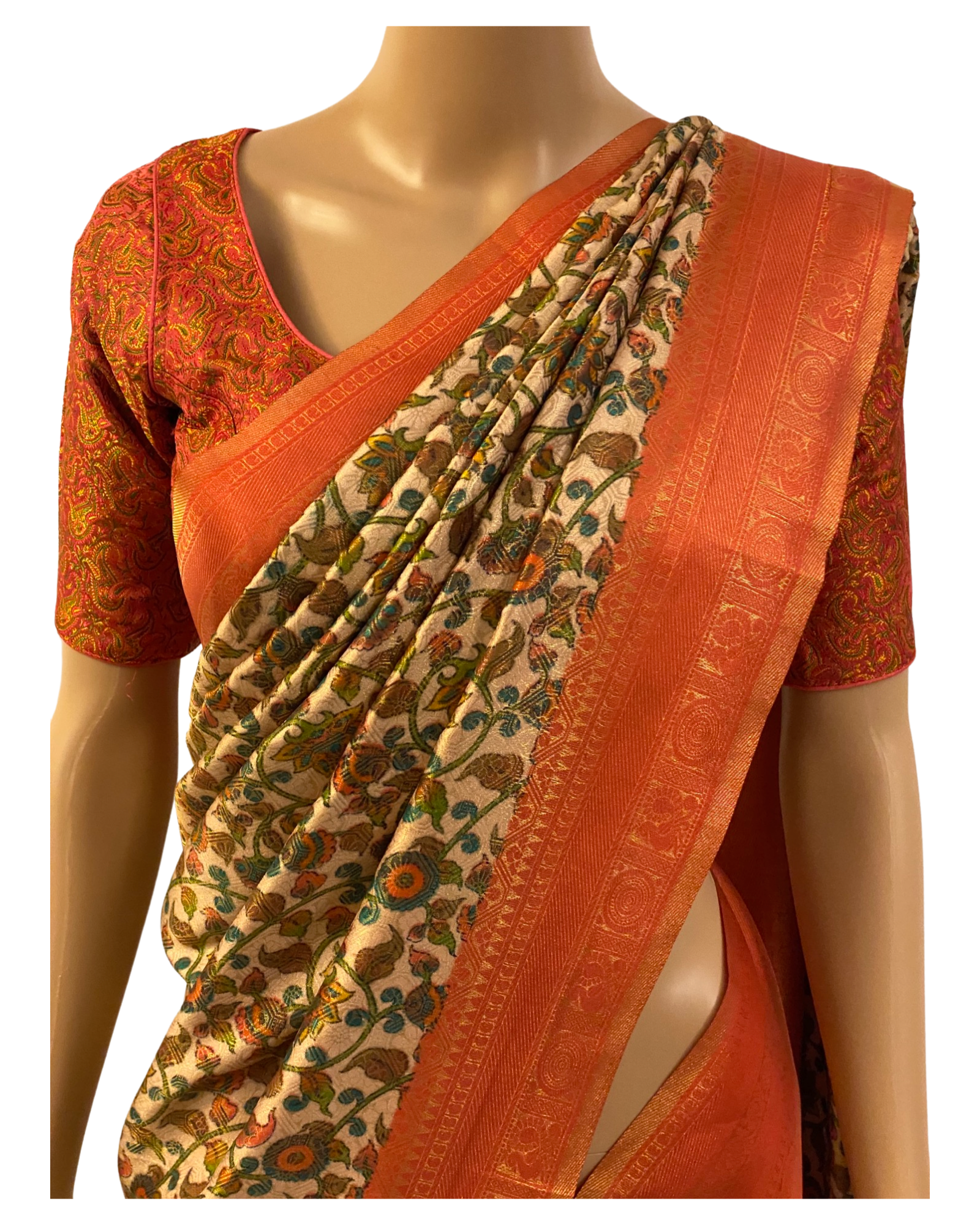 Dark Green and Peach color soft silk kanchipuram sarees with border less  sarees design -KASS0000164
