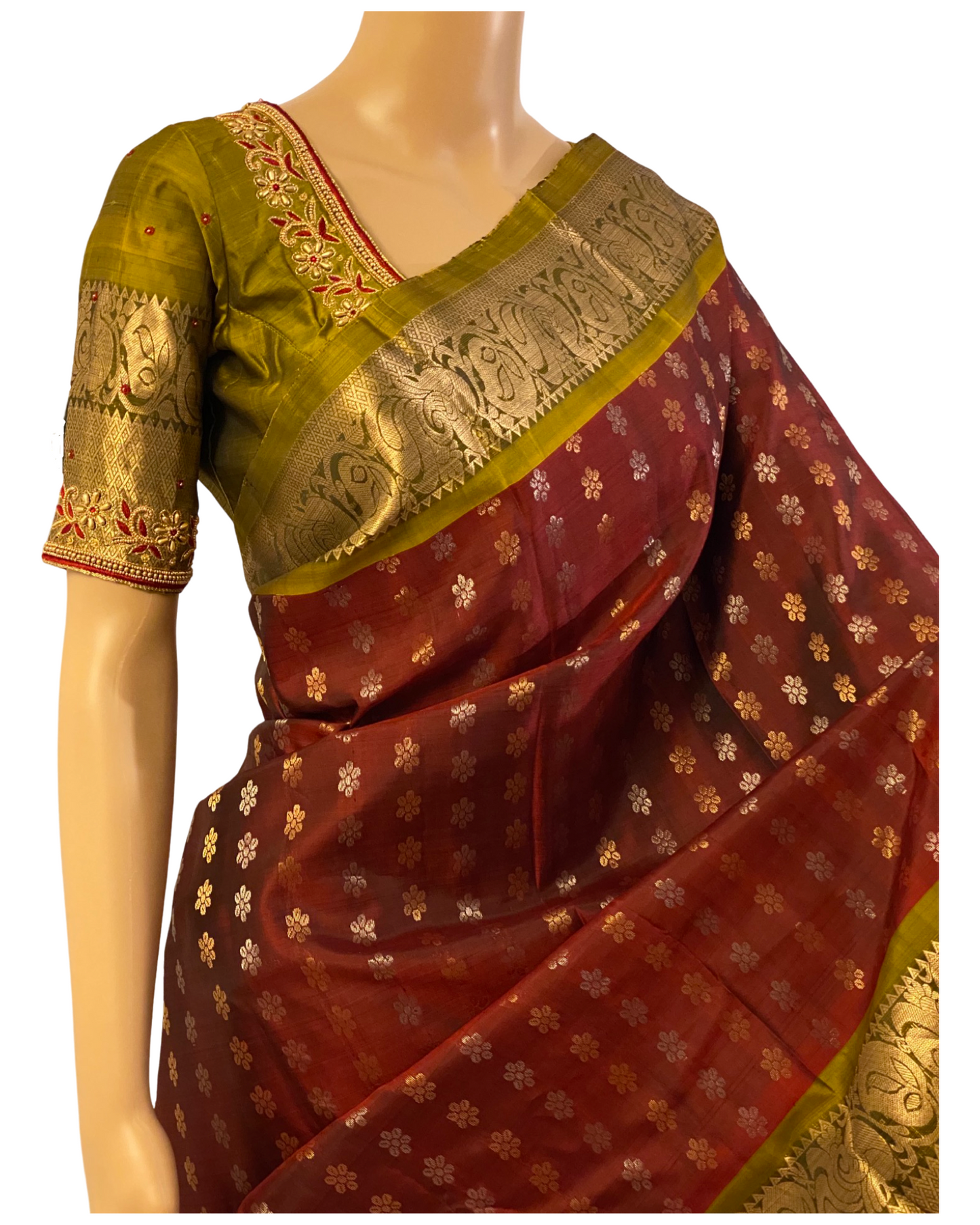 Maroon and Green Pure Handloom Kanchipuram Silk Saree