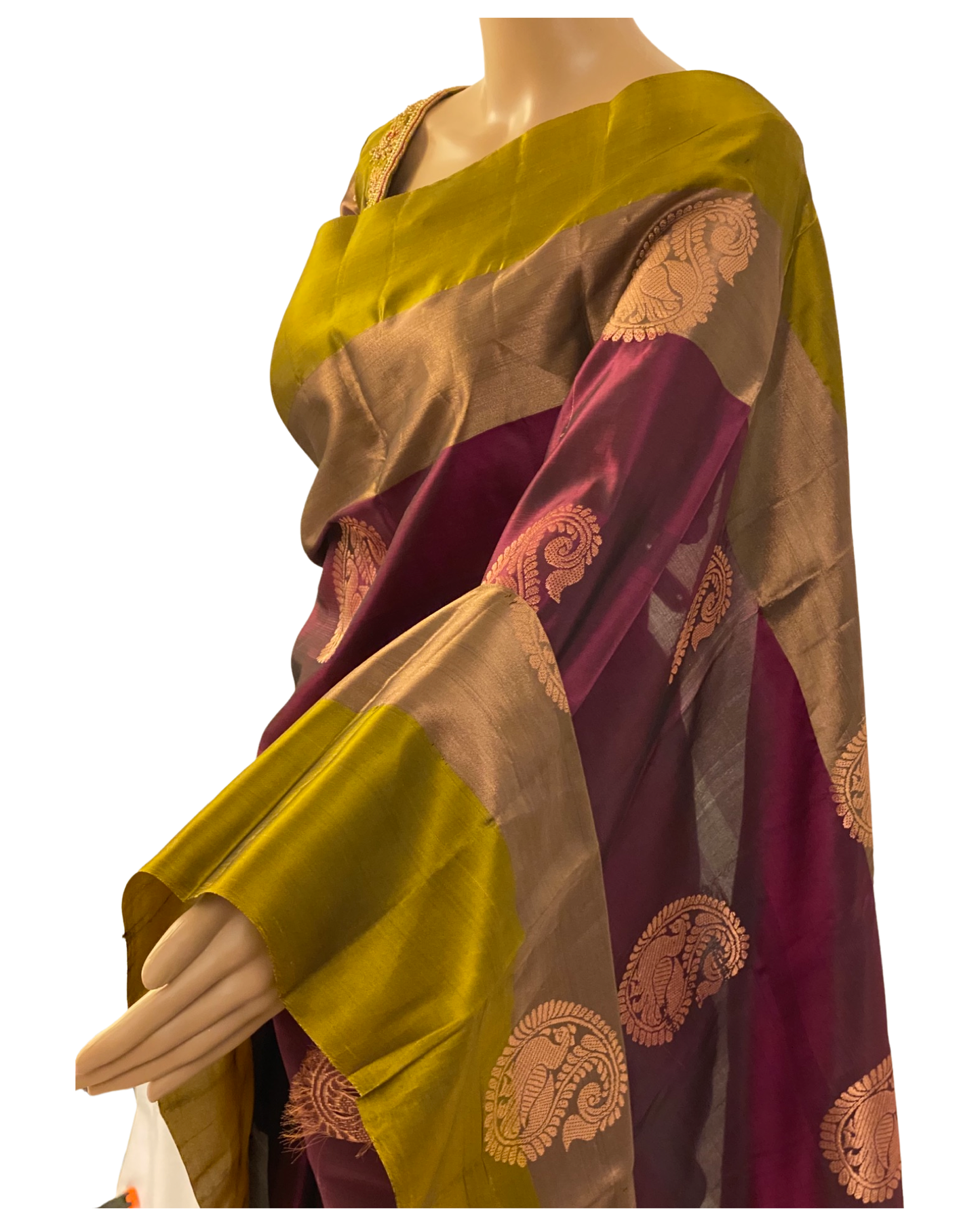 Wine and Green Kanchipuram Silk Saree