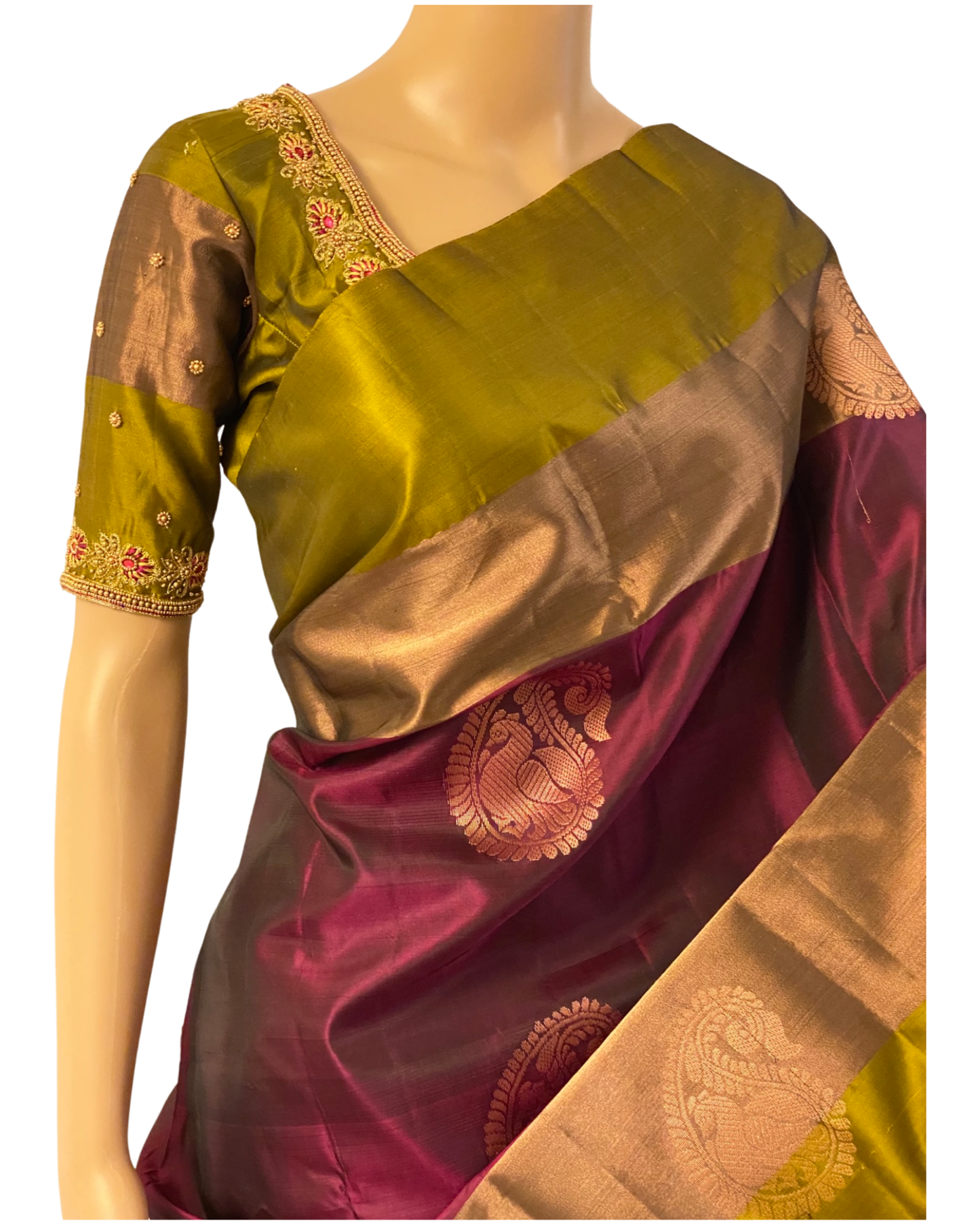 Wine and Green Kanchipuram Silk Saree