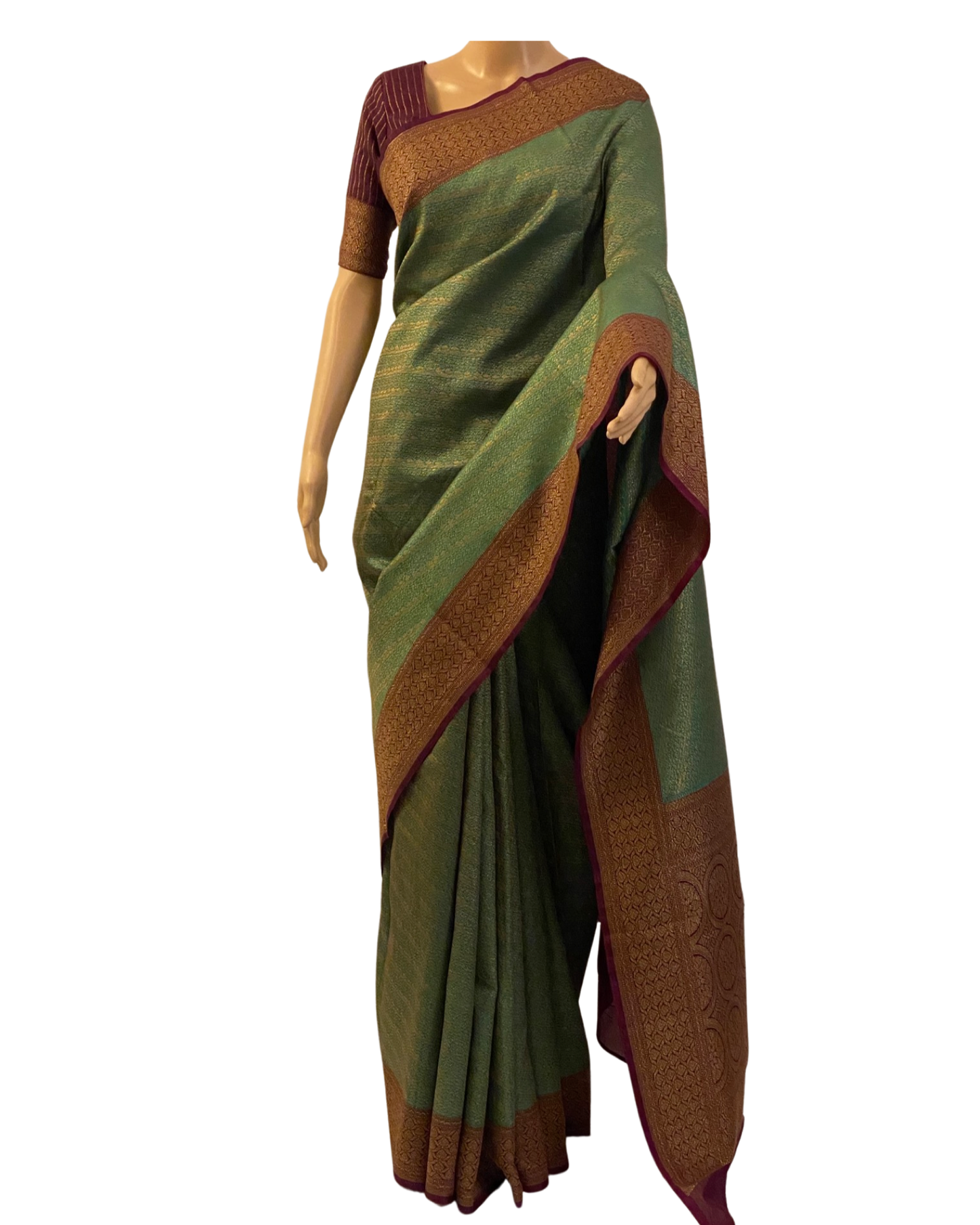 Sea Green with Magenta Katan Banarasi Saree (full view without pleats)